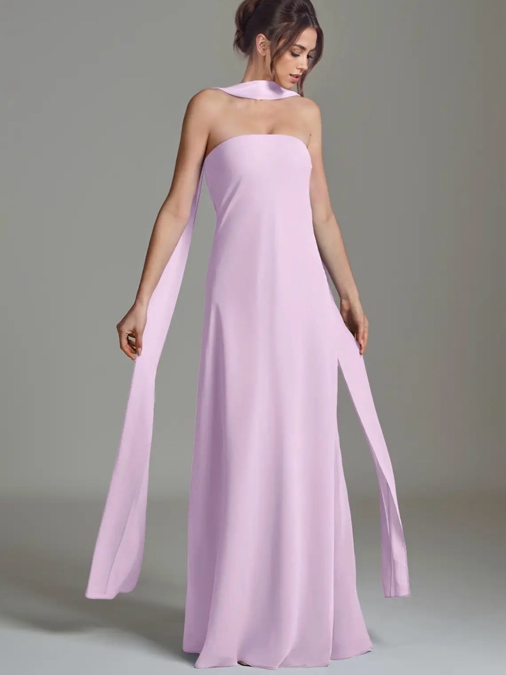 Azazie Lilac Strapless Maxi Gown with Neck Sash